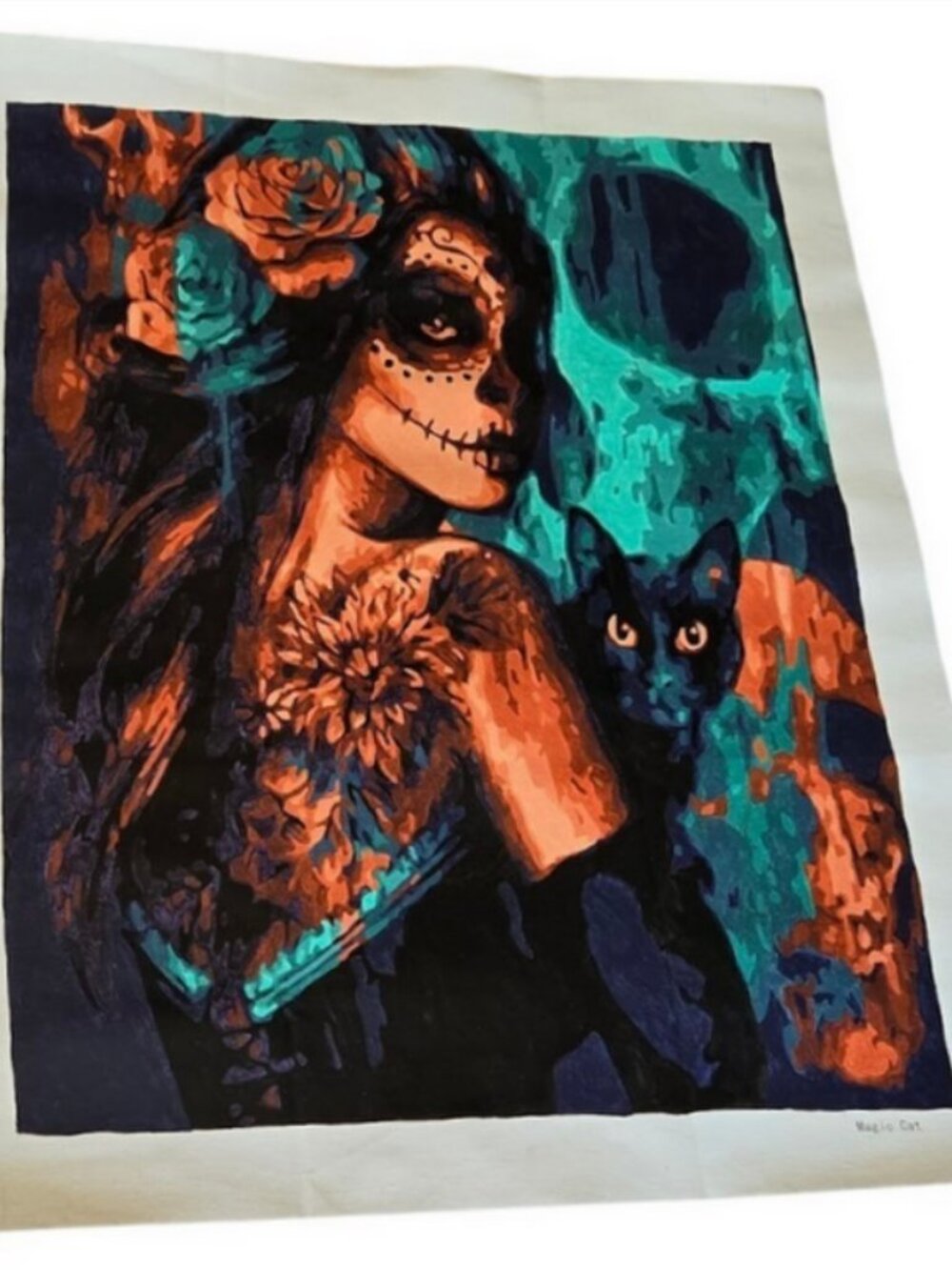 Completed Paint by Number Canvas Art Magic Cat Sugar Skull Day of the Dead
